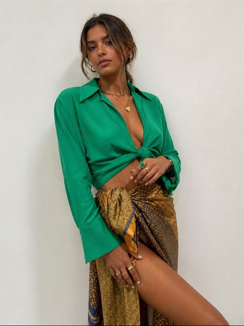 Zara Emerald Green Tie-Front Button Down Shirt
